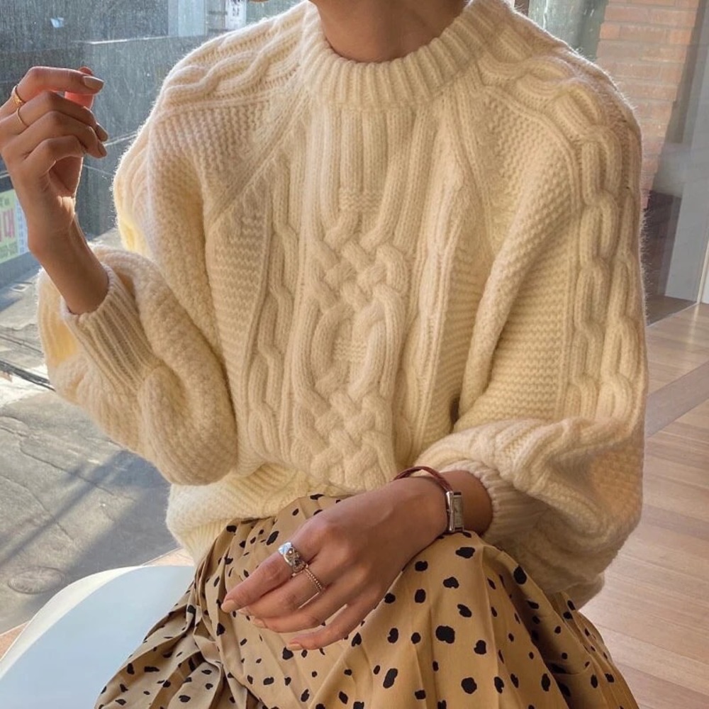 Sweater cable knit lantern sleeve cream beige womens long sleeve top - Picture 5 of 10